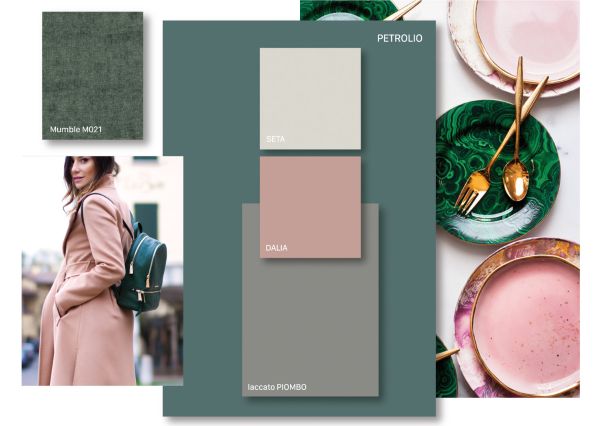 Glamour moodboard: teal, silk, dahlia and lead melamines, Mumble fabric