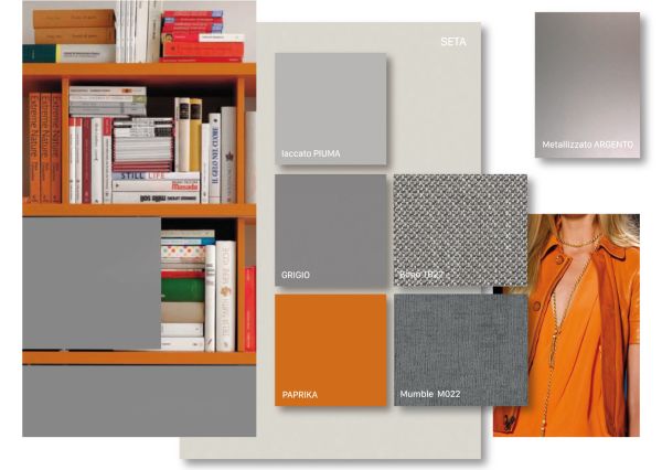 Unconventional moodboard: silk, grey, paprika melamines, feather lacquer, metallic silver, Bono and Mumble fabrics